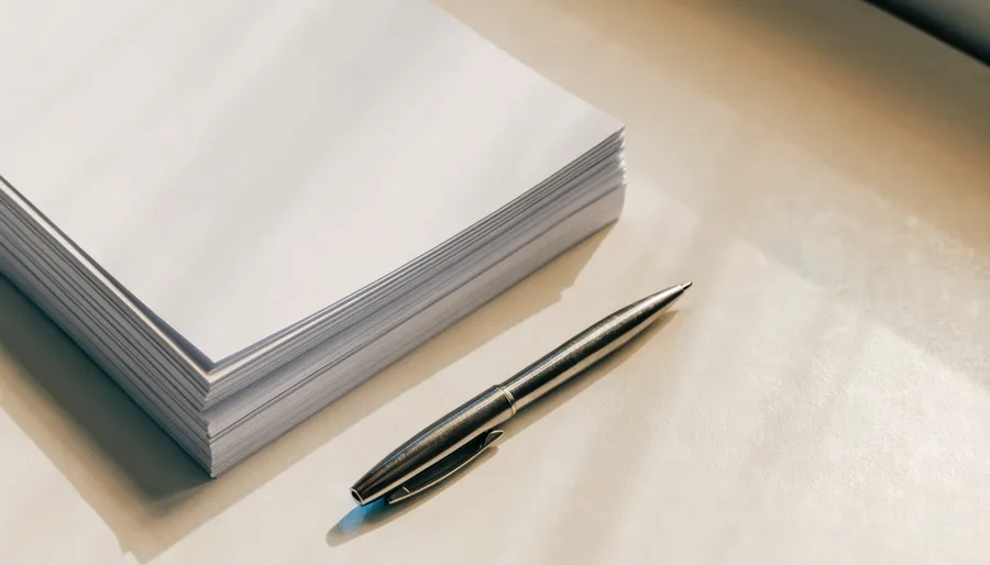 A stack of documents beside a pen on a desk