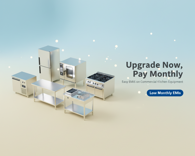 Commercial kitchen equipment on a light blue and beige background with promotional text.